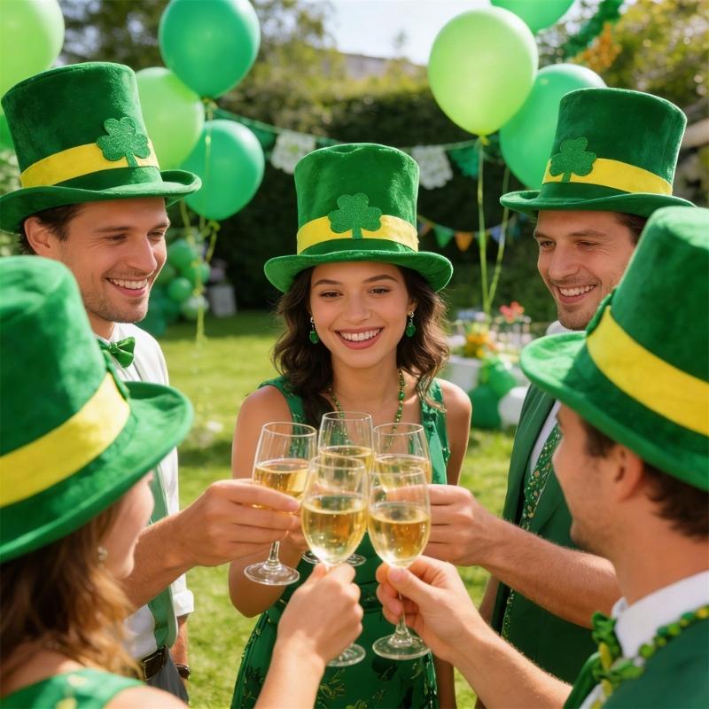 Zielony irlandzki kapelusz festiwalowy z 6 sztucznymi wąsami i brodami, kapelusz cosplay na Dzień Świętego Patryka dla mężczyzn i kobiet, na festiwal