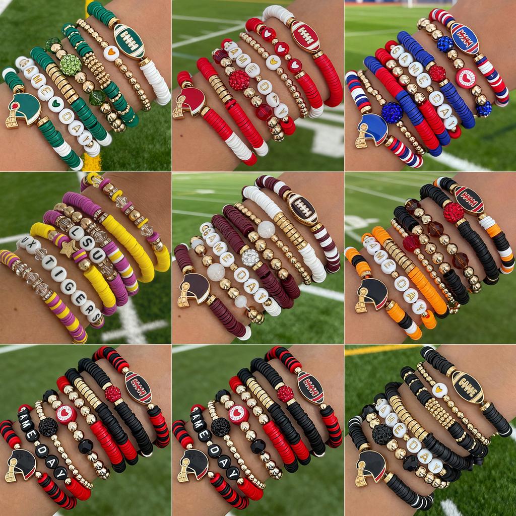 Super Bowl Game Day Bracelet Set Game Day Colorful Football Soft Ceramic Elastic Bracelet