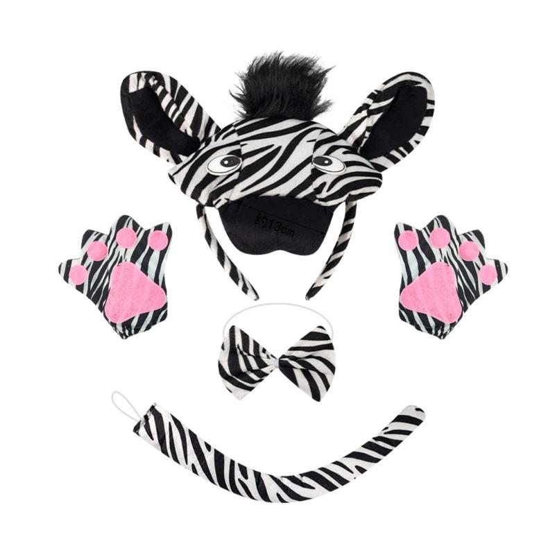 1/3/4 Zebras Costume for Kids Boys Girls Zebras Ears Headband Bowtie Tail Gloves Halloween Animal Cosplay Accessories