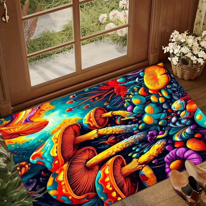Trippy Mushroom Flor Mat Rug Psychedelic Forest Pattern Non Slip Floor Mat for Living Room Bedroom Hippie Home Decor Carpet
