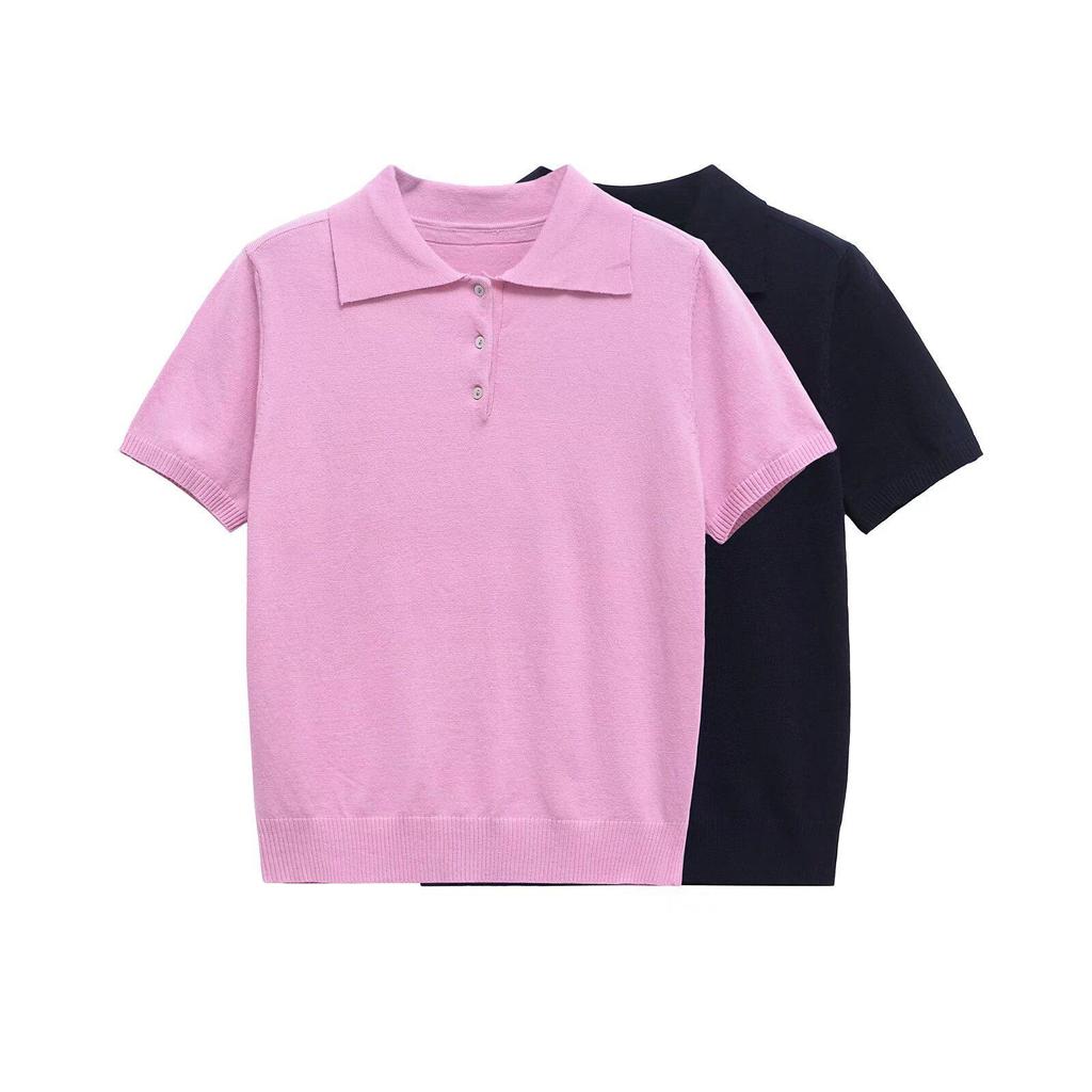 2025 Spring Women's Slim Fit Knit Sweater - Sweet & Simple Turn-Down Collar, Short-Sleeved