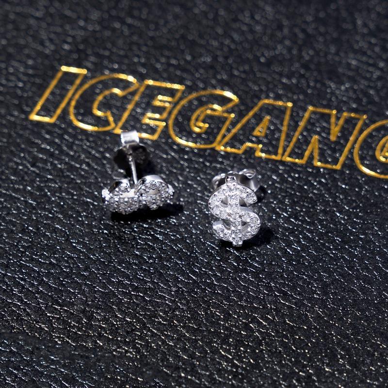 Full Diamond Dollar Design Zircon Stud Earrings Hip Hop Fashion Unisex Jewelry