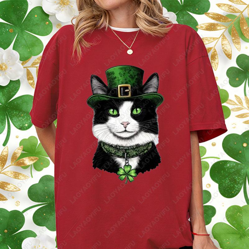 St Patricks Day Casual Unisex Cotton Shirts Lucky Clover Cute Tuxedo Cats Oneck Printed Tops Irish Women Ropa Mujer Cat Lover