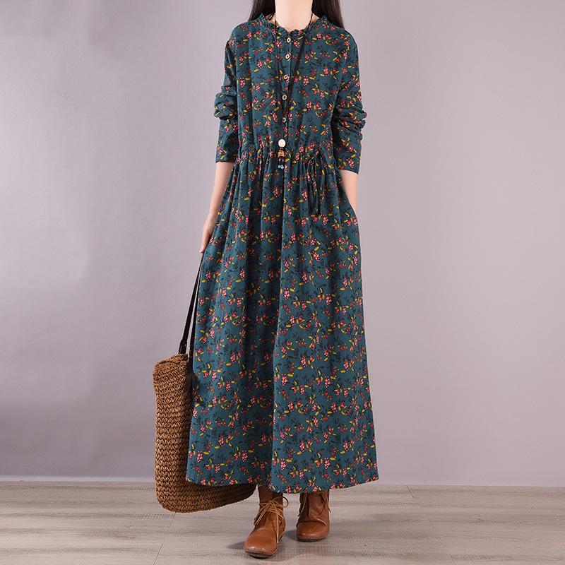 

2025 весна и осень новое платье из печатного бархата детский этнический стиль свободное цветочное на талии на шнуровке платье-подкладка Large size 2XL зелёный