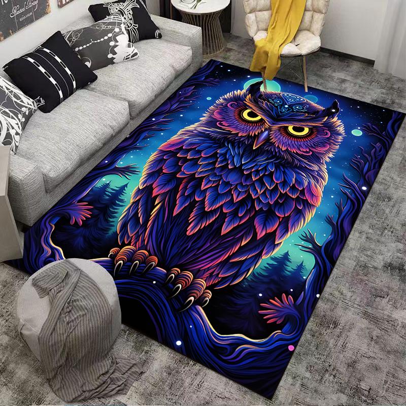 Colorful Owl Design Carpet with Forest Night Background, Home Decor Suitable for Use As an Anti-slip for Living Room Bedroom Sofas