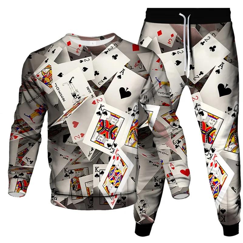Poker Skull Print Autumn Men's Outfit Casual Tracksuits Vintage O Neck Sweatshirt Jogging Pants Sets Oversized Man 2 Piece Suits