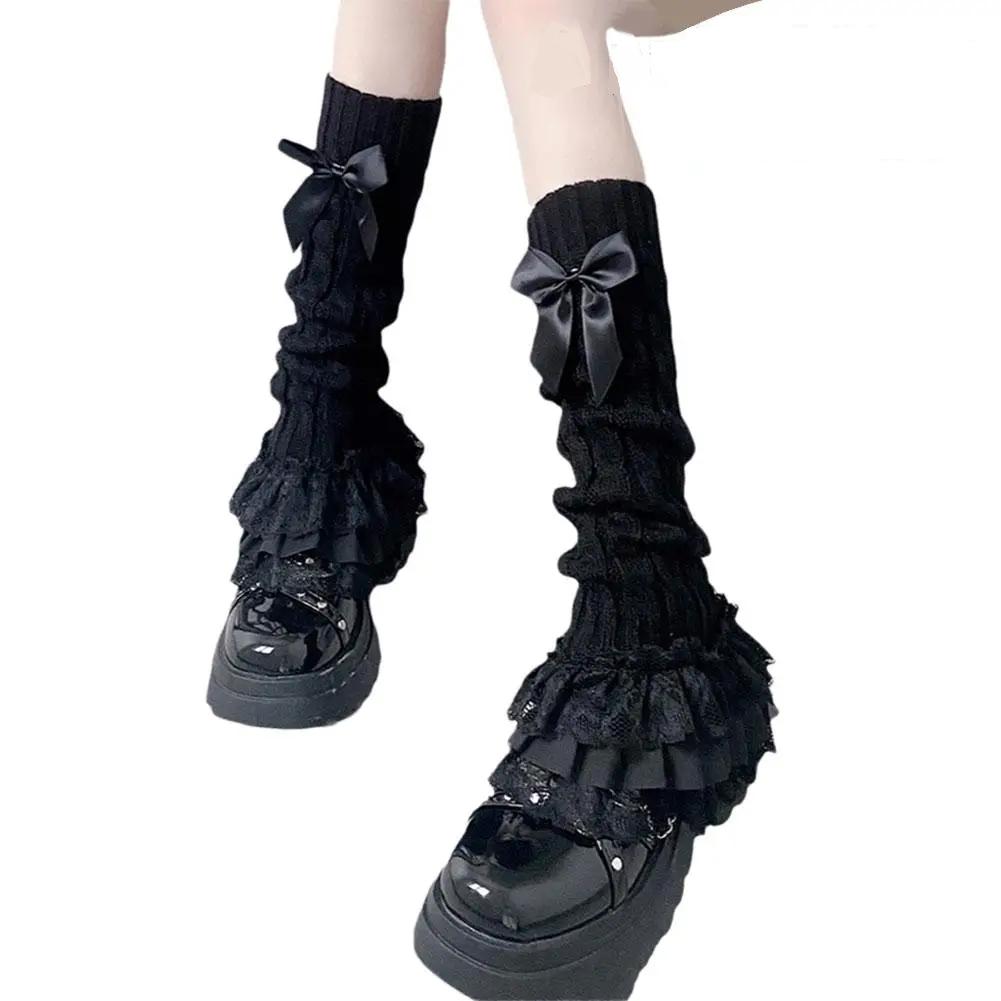 Lolita Socks Lace Up Lace Leg Warmers Ruffled Socks Bow Tie Knitted Leg Warmers For Dance Performance Festival Outfit Casual чёрный