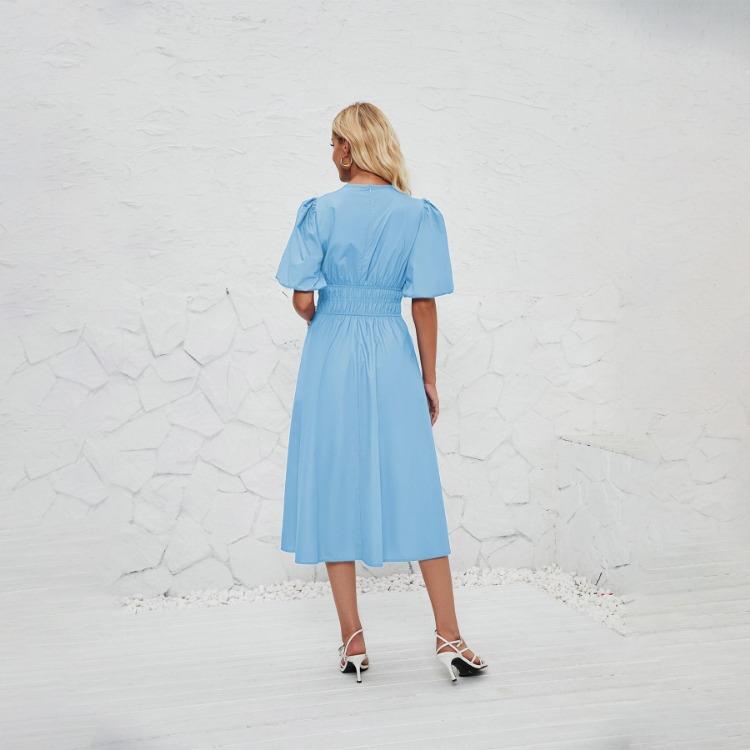 Summer Women Strapless Pleated Dress Solid Short Sleeve Ankle-Length Fashion