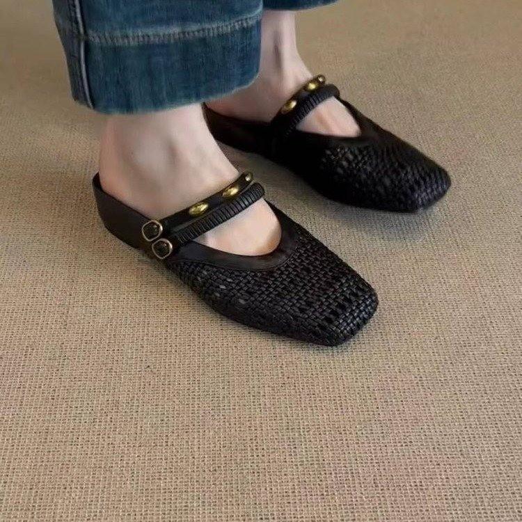 Cowhide version~ New retro French inner height increase woven hollow bag head half slippers Muller cool slippers women