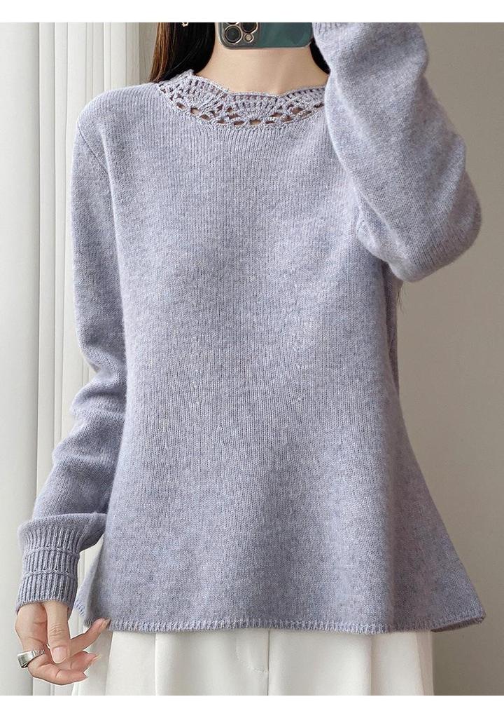 Women's 100% Mercerized Pure Wool Round Neck Pullover Sweater - Handmade Crochet Slimming Knitwear