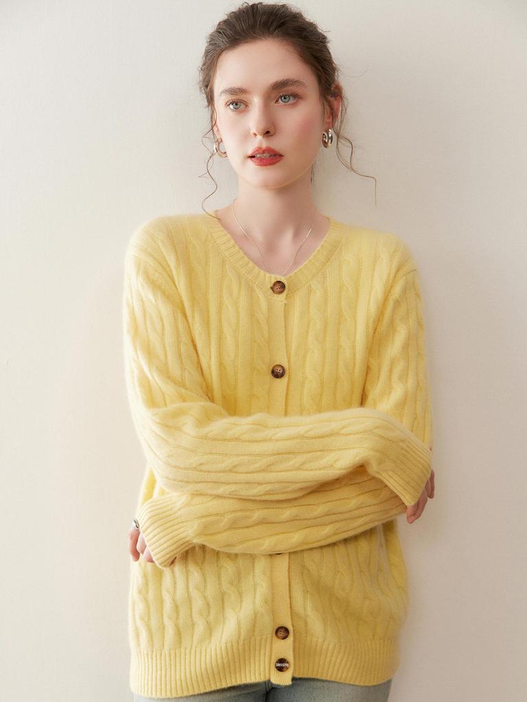 Round Neck Twisted Pattern Cashmere Cardigan for Women - Autumn/Winter Long-Sleeve Versatile Warm Sweater