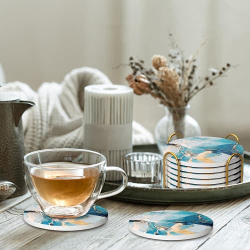 HUACHENG Stylish Ceramic Coasters, Set of 6, with Marble Pattern, Heat-Resistant, Protective Cork Backing, Mug/Tea Pad/Cup Mat, Water-Absorbent, Quick