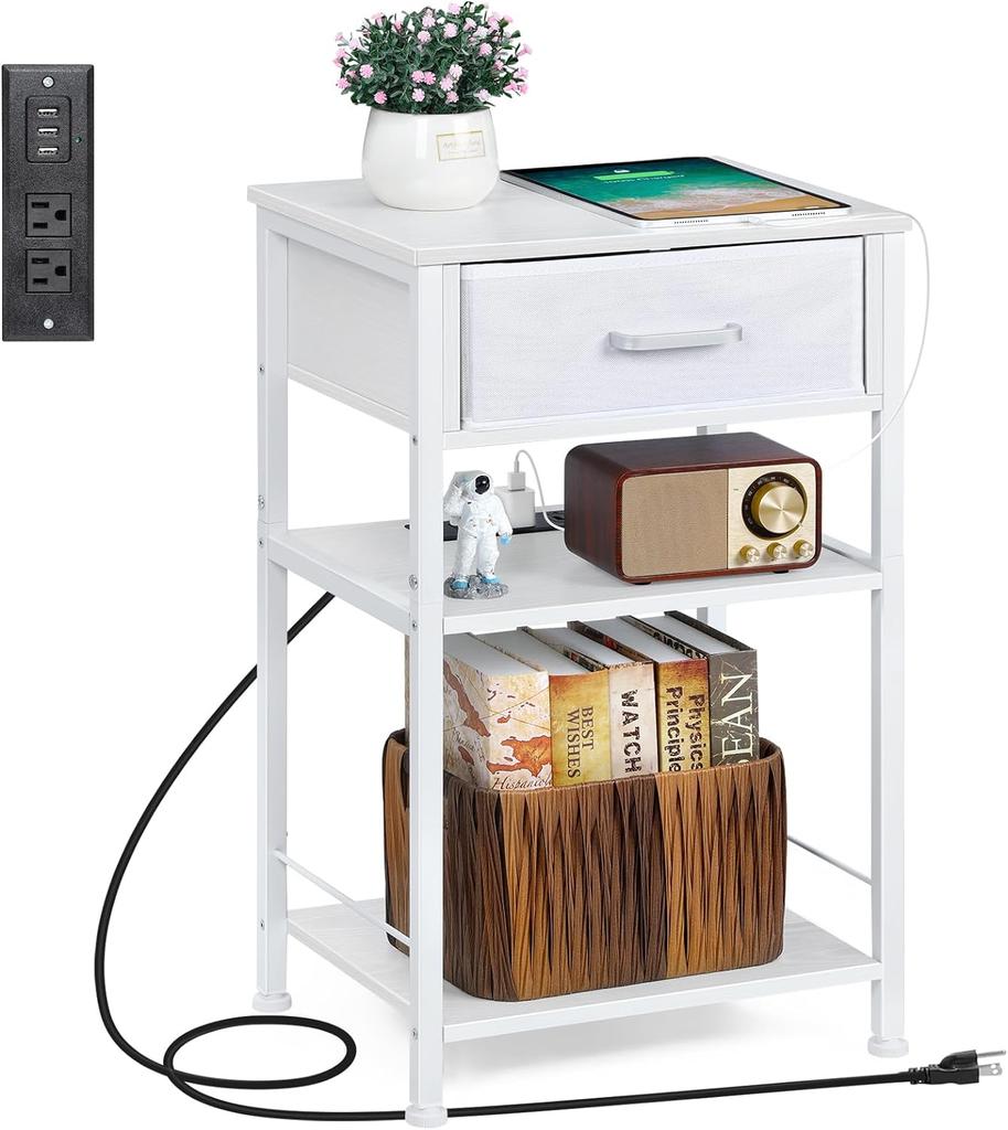 Nightstands with Charging Station,End Tables Living Room with USB Ports and Outlets Nightstand for Small Spaces Fabric Drawer