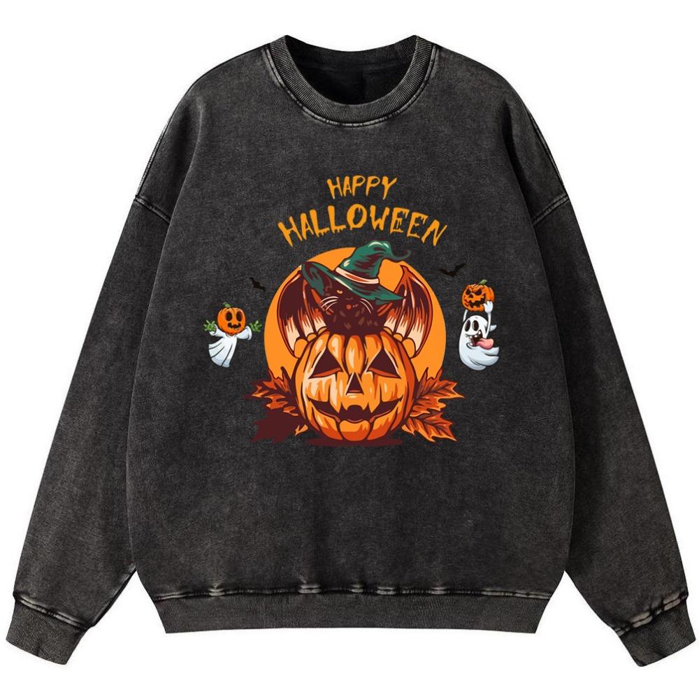 Happy Halloween Woman Vintage Washed Cotton Sweatshirt Street Oversize Thin style Hoodies Hip Hop