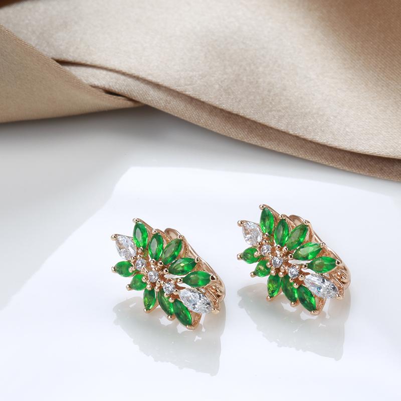 Luxury  Rose Gold Crystal Flower Daily Earrings For Women Green Natural Zircon Accessories Vintage Wedding Jewelry