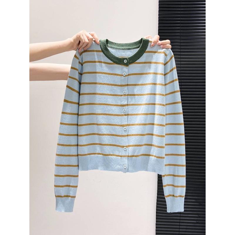 Single-breasted Contrasting Striped Knitted Cardigan Women's Spring and Autumn Loose and Thin Versatile Sweater Jacket Top