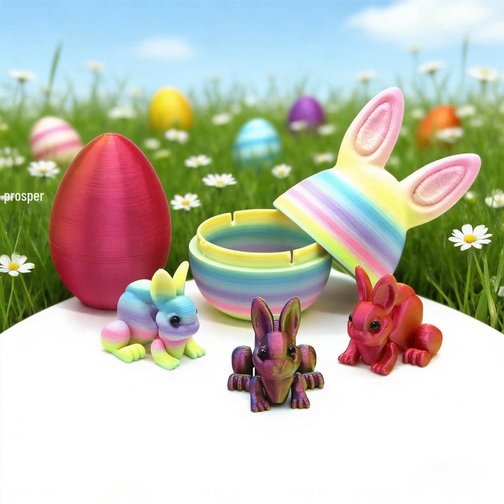3D Printed Easter Rabbit and Colored Egg Ornaments - Movable Desktop Toys