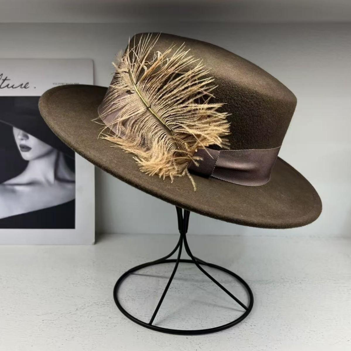 

French noble feminine 100% wool top hat flat top hat 6cm brim dating dating high-end travel hat M（55-58cm）
