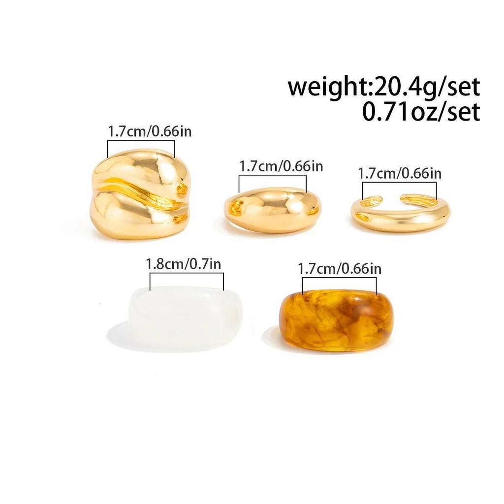 Salircon 5 Pcs/set Trendy Resin Acrylic Rings Women Punk Geometry Chunky Gold Color Metal Open Finger Ring Jewelry Accessories