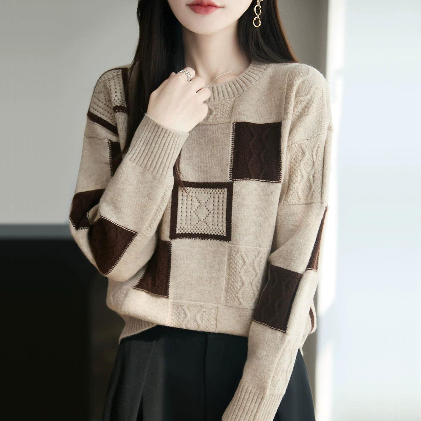

Autumn Winter Korean Elegant Mature Lazy Style Color Block Round Neck Twist Rope Women s Pullover 3XL