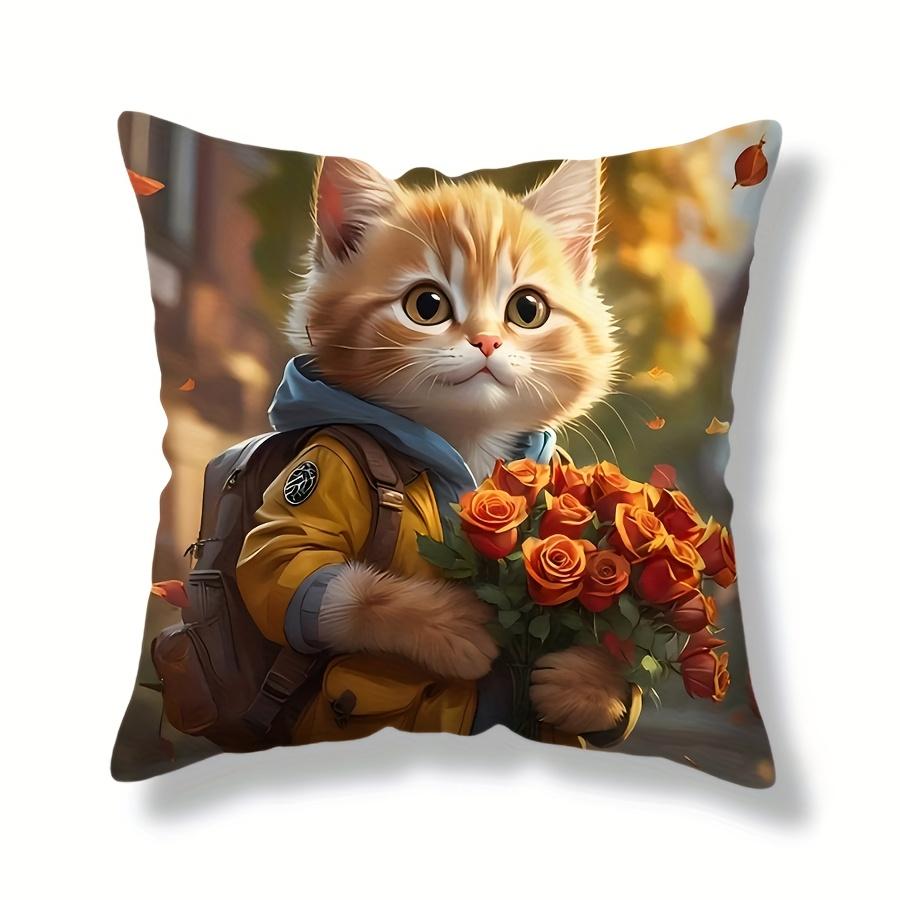 1pc Adorable Cat Print Pillowcase - 17, 7x17, 7 Inch, Cozy French Style, Machine Washable, Zippered Closure, 100% Polyester,Single-Sided Digital Print
