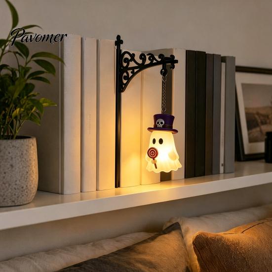 Buch Ecke Verzierung Halloween Eisen Bibliothek Lampe, Vintage Bücherregal Licht mit Geist Kürbis Fledermaus Einzigartiges Geschenk für Liebhaber Anhänger, Leseecke
