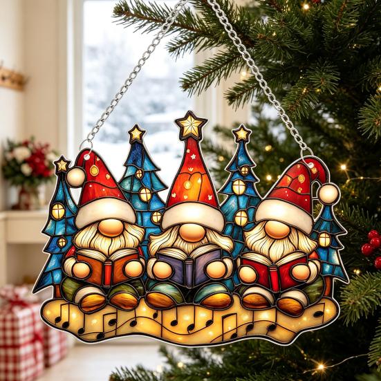Xmas Tree Door Decorations Fairy & Gnome Christmas Acrylic Suncatcher, 2D Fantasy Elf Dwarf Window Hanging Unique Baubles Decor with Stained