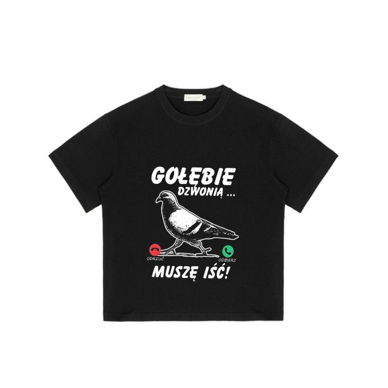 Black T Shirt with Pigeon and Text Design for Casual Wear