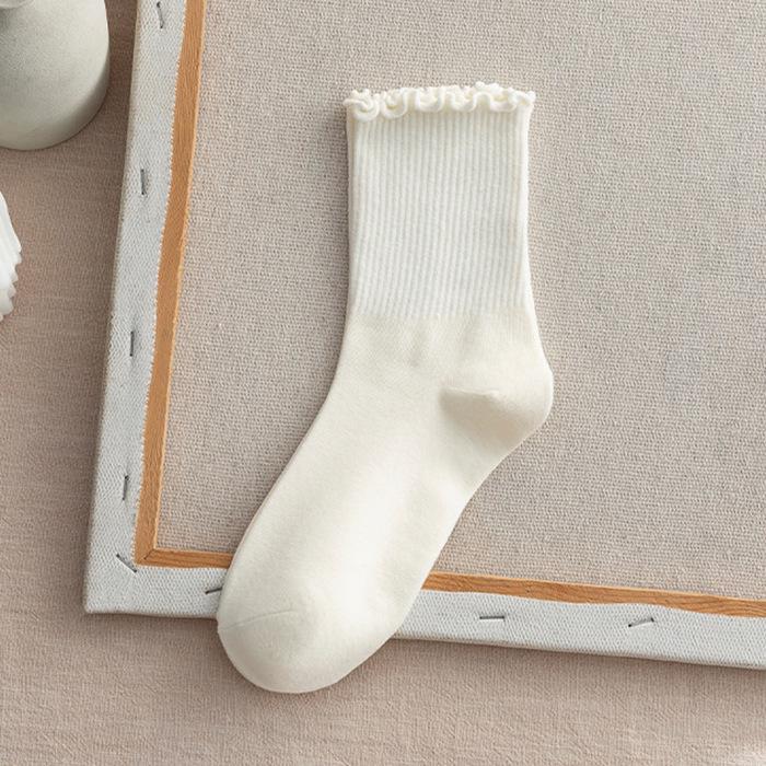 Women's Mid-Calf Ruffle Lace Socks, Coffee Color, Japanese/Korean Style, Cute Solid Color, Versatile and Girly for Spring/Fall.