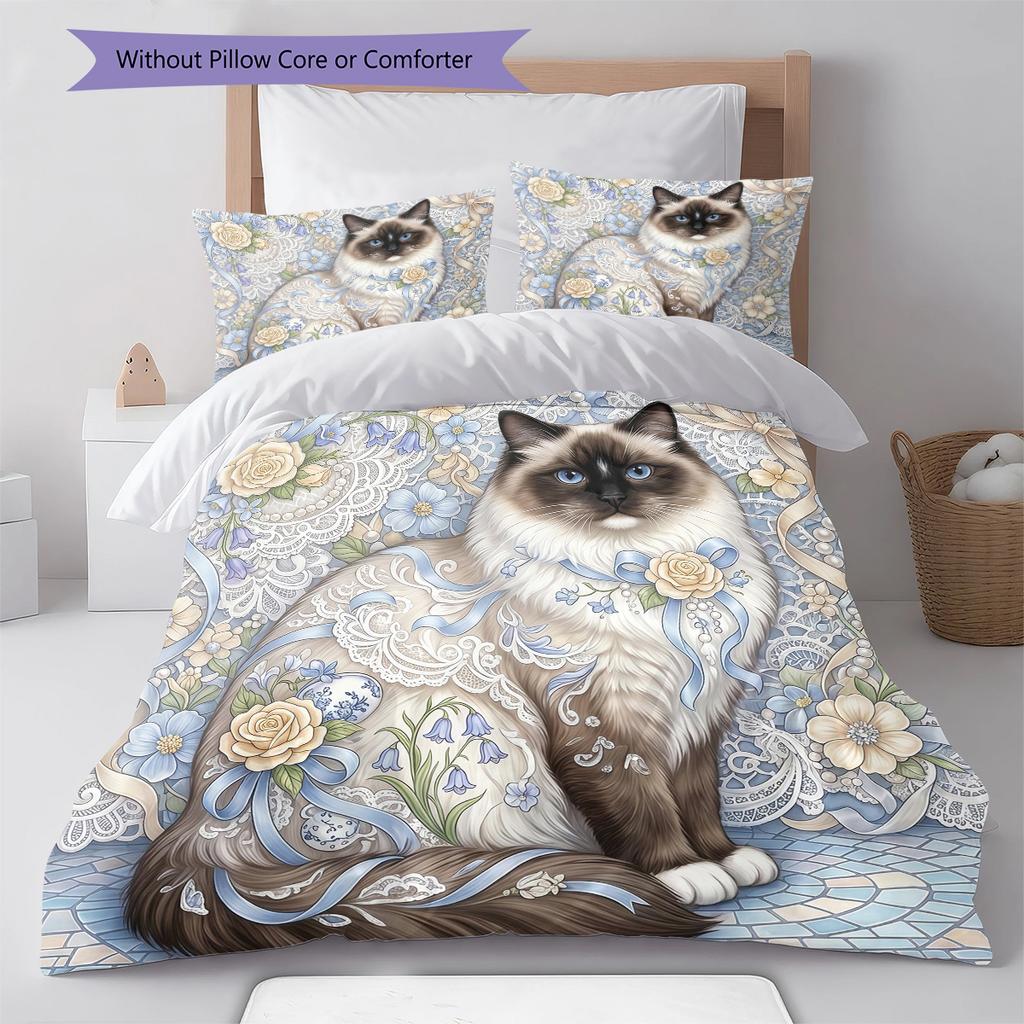 Flower Cat Crow Pattern Bedding,Quilt Set Quilt Cover Pillowcase Home Birthday Gift (1 * Duvet Cover + 2 * Pillowcase, Without Core)