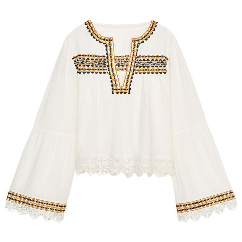 Zaprha 2025 Summer New Fashion Contrast Color Embroidery Design Horn Long Sleeve Round Neck Shirts 2903241