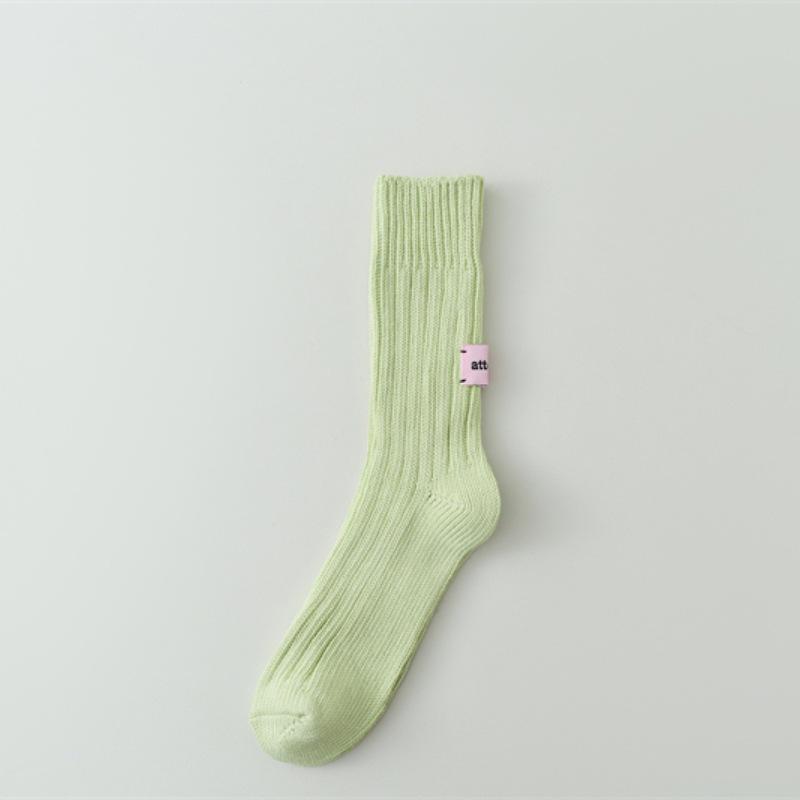 Japanese Pink Label Chunky Knit Mid-Calf Socks - Unisex Solid Color Raw Cotton