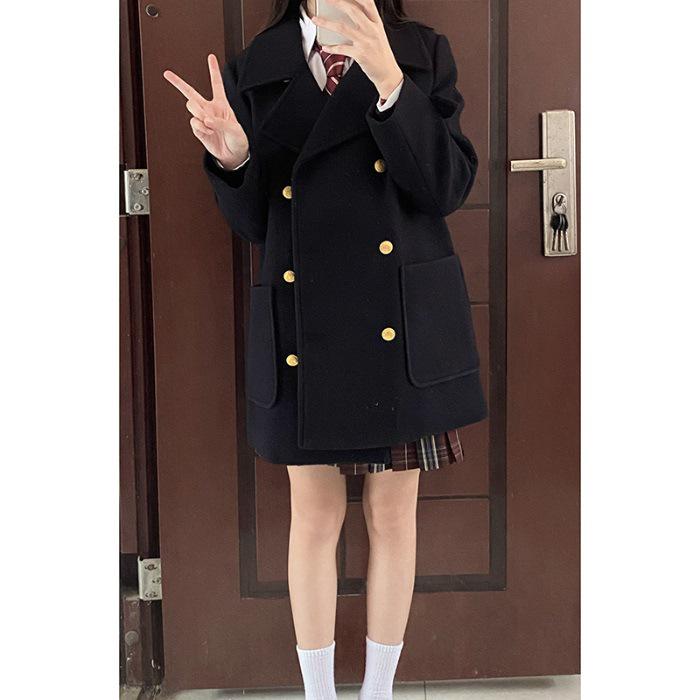 

Женское зимнее шерстяное двубортное пальто в японском школьном стиле 2025 L чёрный