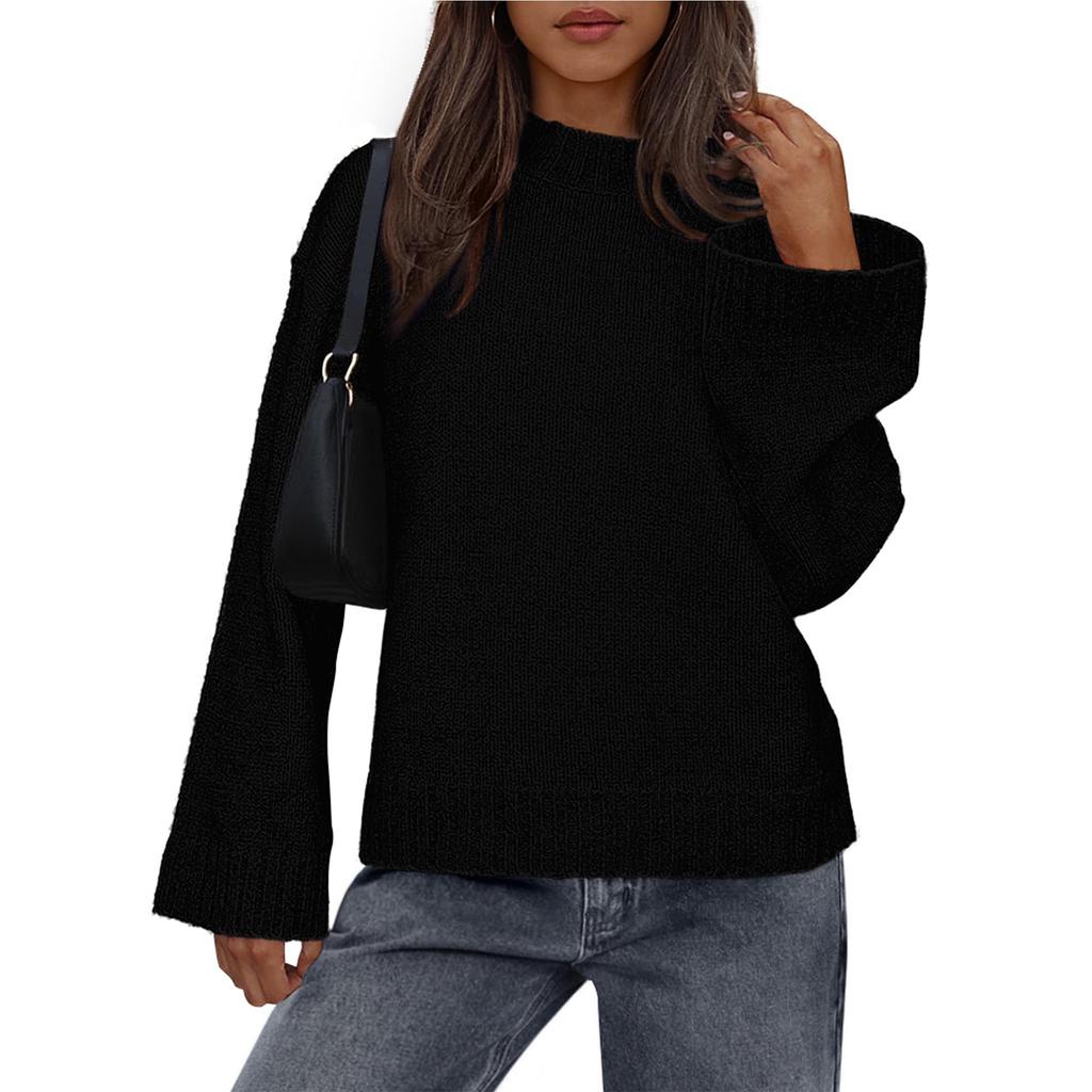 Womens Loose Round Neck Solid Color Bell Sleeve Long Sleeve Knitted Sweater Top