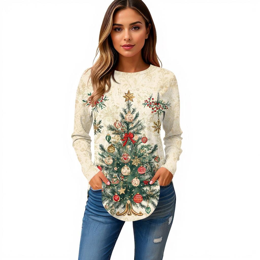 Damtröja med rund hals och jultryck, löst sittande, långärmad