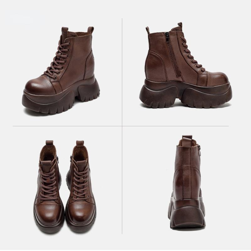 Johnature Pravá kůže Silná podrážka Dámské Kozačky Retro Kulatá špička Boční Zip Klínky Boty na platformě