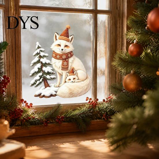 Fox Window Decals Christmas Clings, Winter Forest Animal Double-Side Sticker, Waterproof PVC Wall Art Cute Reusable Static Glass for Holiday