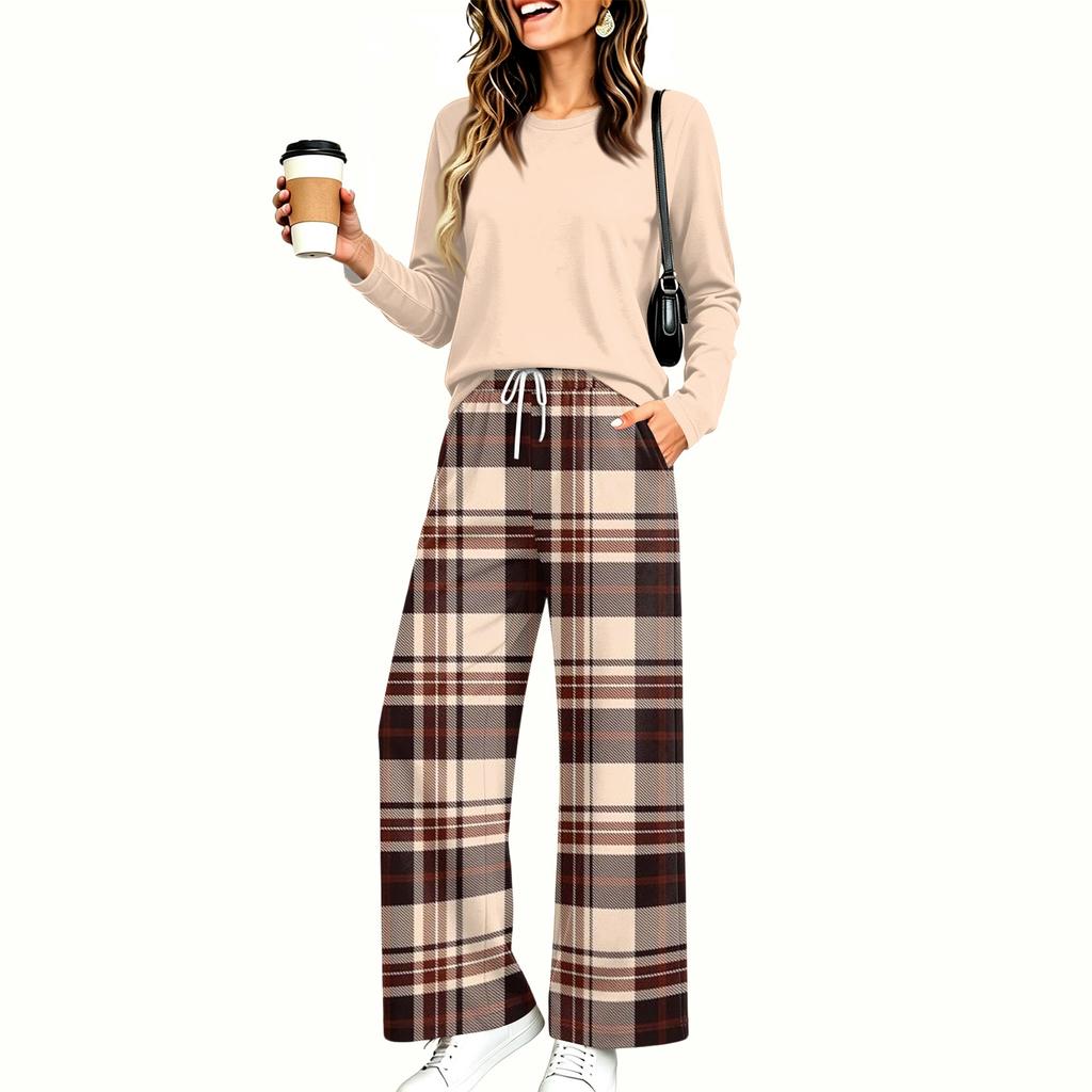 Set Pigiama Casual da Donna con Tasche Manica Lunga Stampato Girocollo Vestibilità Larga Abbigliamento per la Casa