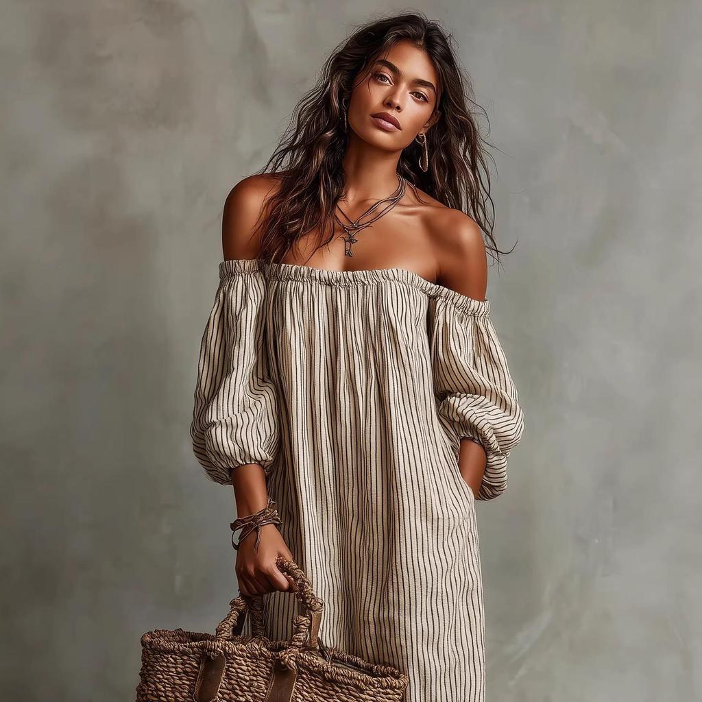 Available for 2026: New Spring Striped Off-Shoulder Dress for Women in Cotton and Linen - Perfect Vacation Style