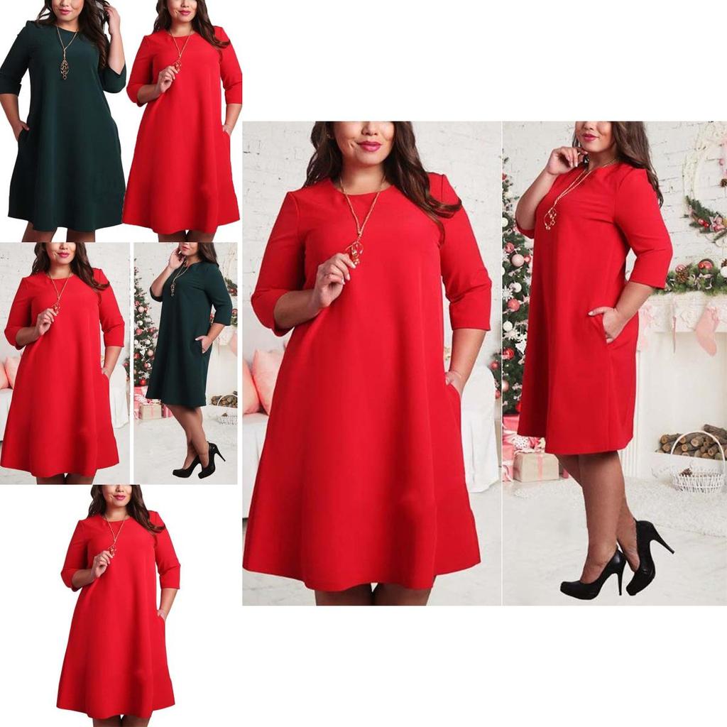 Premium Quality Plus Size Women Red Green Color Printed Round Neck Dress For All Occasions