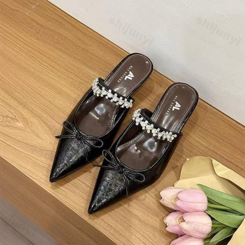 Fashion Women's High-heel Slippers Fashion Non Slip Silver Bowtie Mary Jane Female Pointed Toe Retro Gladiator Soft-soled 2025 Slippers