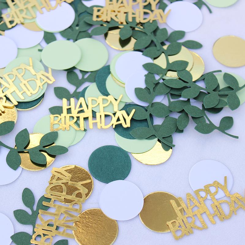 200 Stück Konfetti für Geburtstagspartys, goldene Karte „Happy Birthday“ Konfetti mit grünen Blättern, kreisförmiges Konfetti für Geburtstagspartys