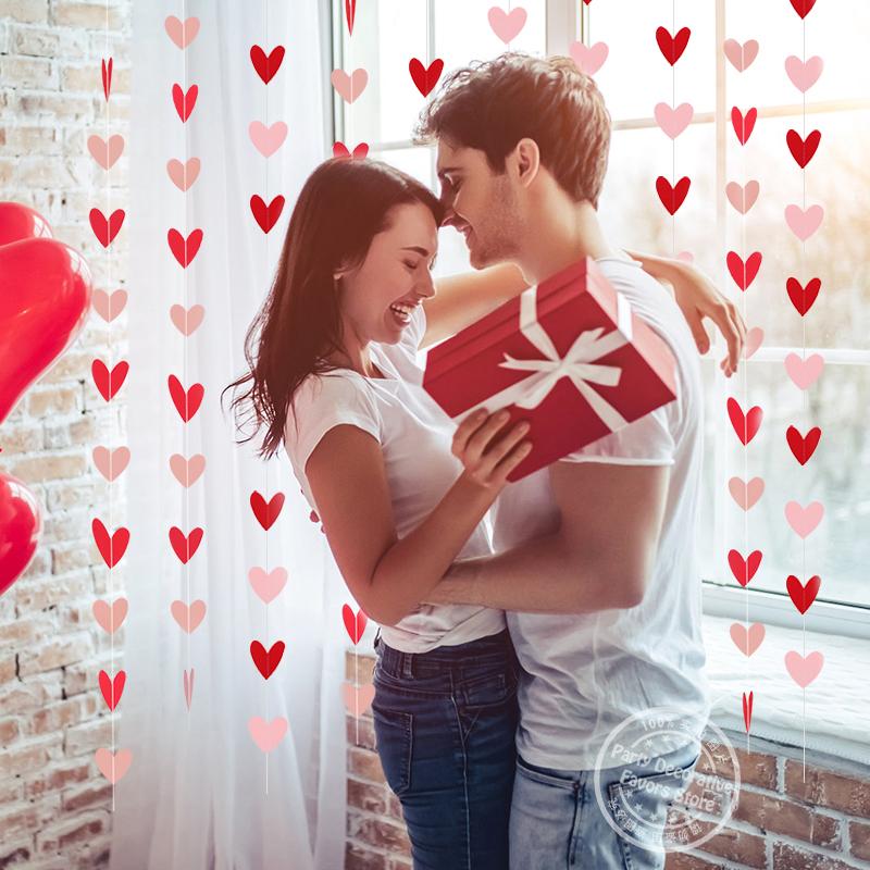 Red Pink Heart Garland String Valentines Day Decoration Wedding Anniversary Home Wall Hanging Paper Banner Flag Birthday Party