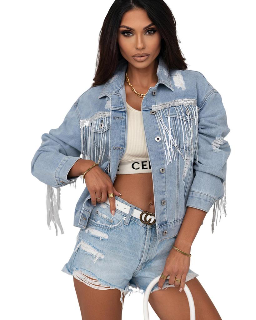 Azura Exchange Sequin Fringe Distressed Denim Jacket