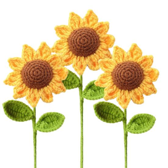 10Pcs Crochet Sunflower with Leaves Handmade Knitting Yarn Flower Decoration Home Office Table Centerpiece Mother's Day Birthday Christmas Gift