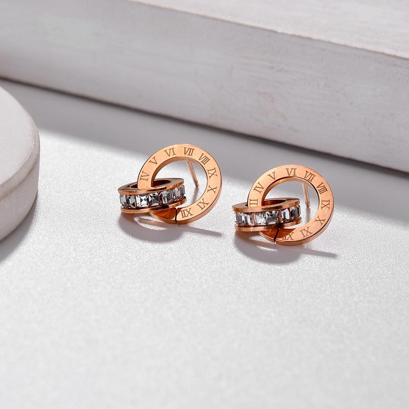 Damen Roségold Diamant Ohrstecker mit baumelndem Doppelring-Design