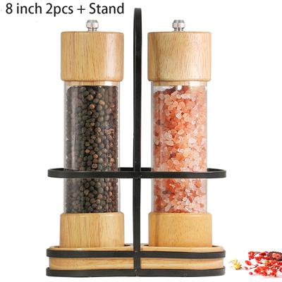 Wooden Salt and Pepper Grinder Set, Manual Mills with Acrylic Visible Window and Iron Stand,Kitchen Helper 6 /8 Inches