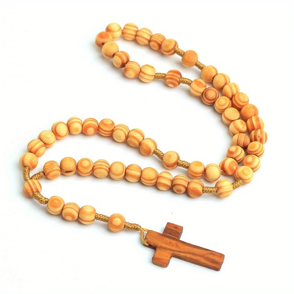 1pc Vintage Wood Rosary Beaded Jesus Cross Wooden Pendant Necklace for Women Men Fashion Religious Jewelry
