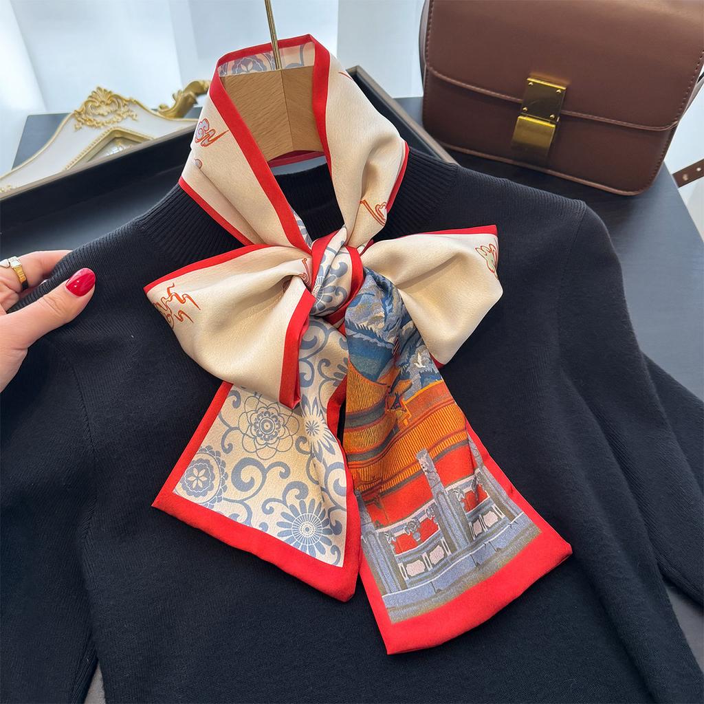 Spring Summer Choice 2025 Women's Satin Silk Neckerchiefs Bright Color Thin Narrow Double-layer Printing Long Ladies Neck Scarfs