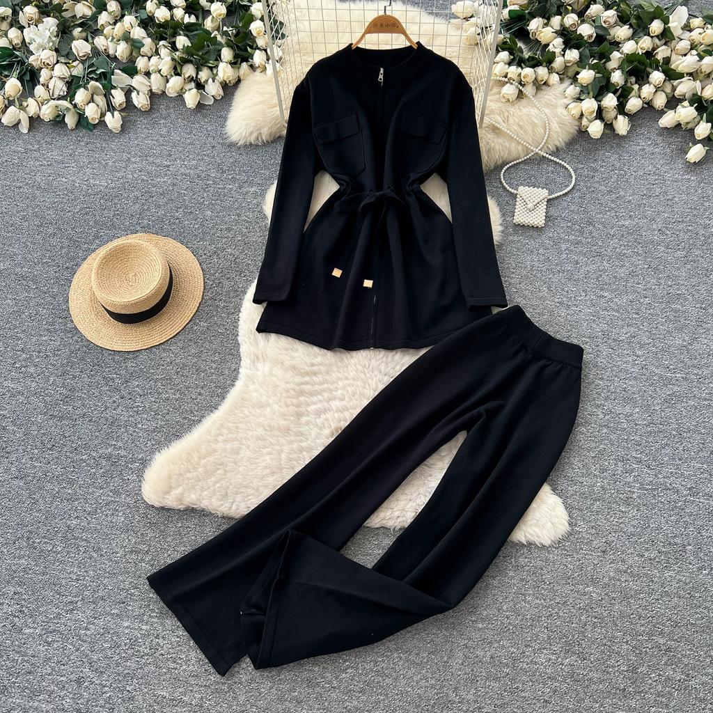 2026 Fall/Winter Lace-Up Casual Stand Collar Knitted Cardigan and High-Waisted Wide-Leg Pants Knitted Two-Piece Set for Women Tracksuit Women
